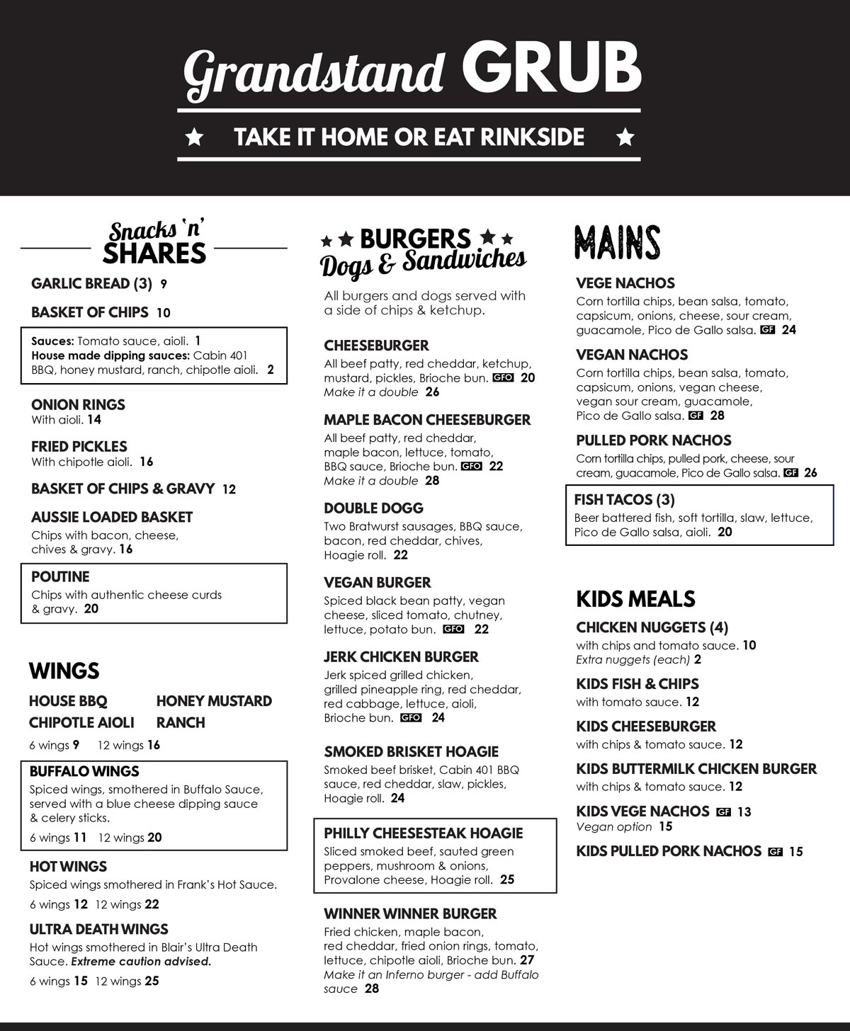 Cabin 401 Bar & Grill takeaway menu